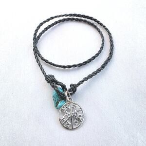 LA Peace Sign 925 Sterling Silver Turquise Braided Leather Wrap Bracelet Flower